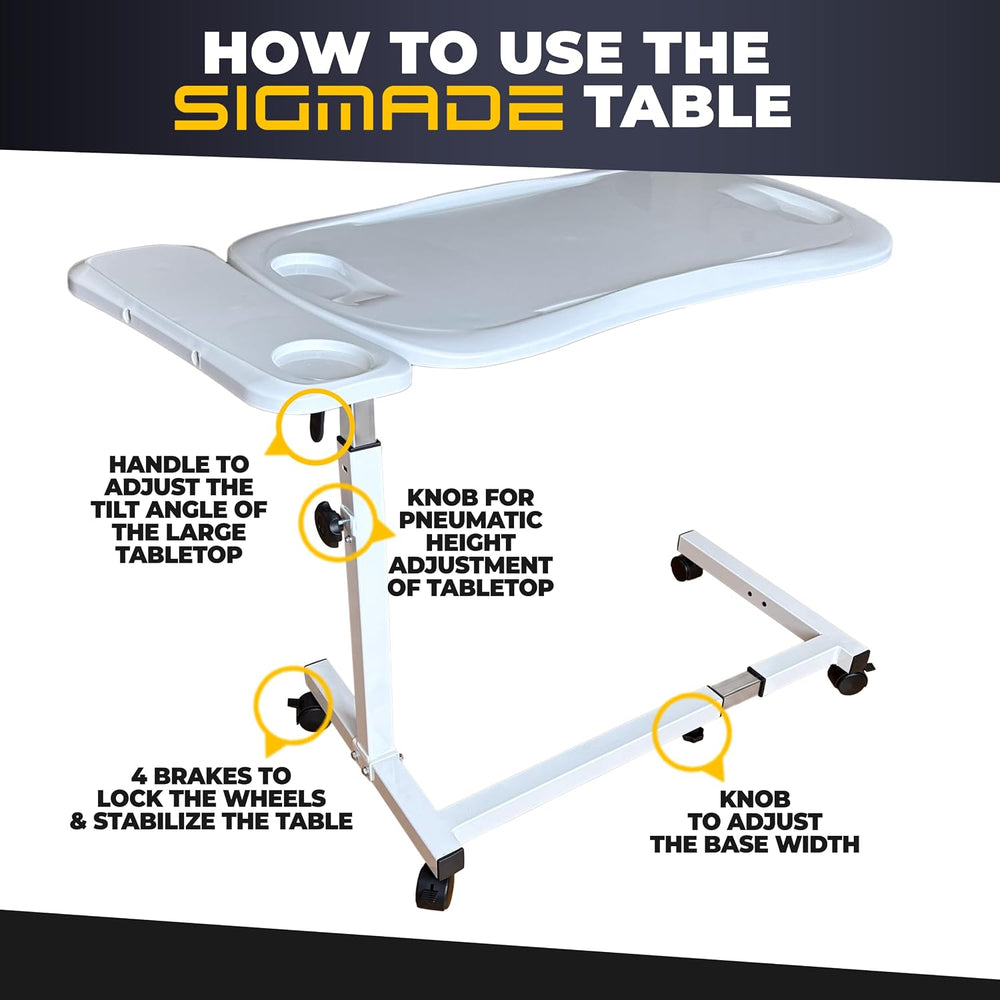 Large Table for Bed with Plastic Tabletop, Over Bed Table with Wheels, Adjust...