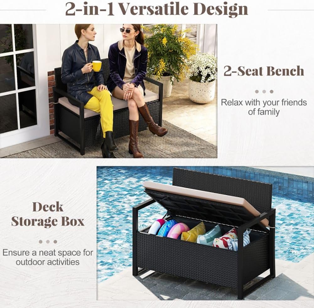 PE Rattan Outdoor Storage Loveseat Brown UV-Resistant Woven Rattan Pattern, 4...