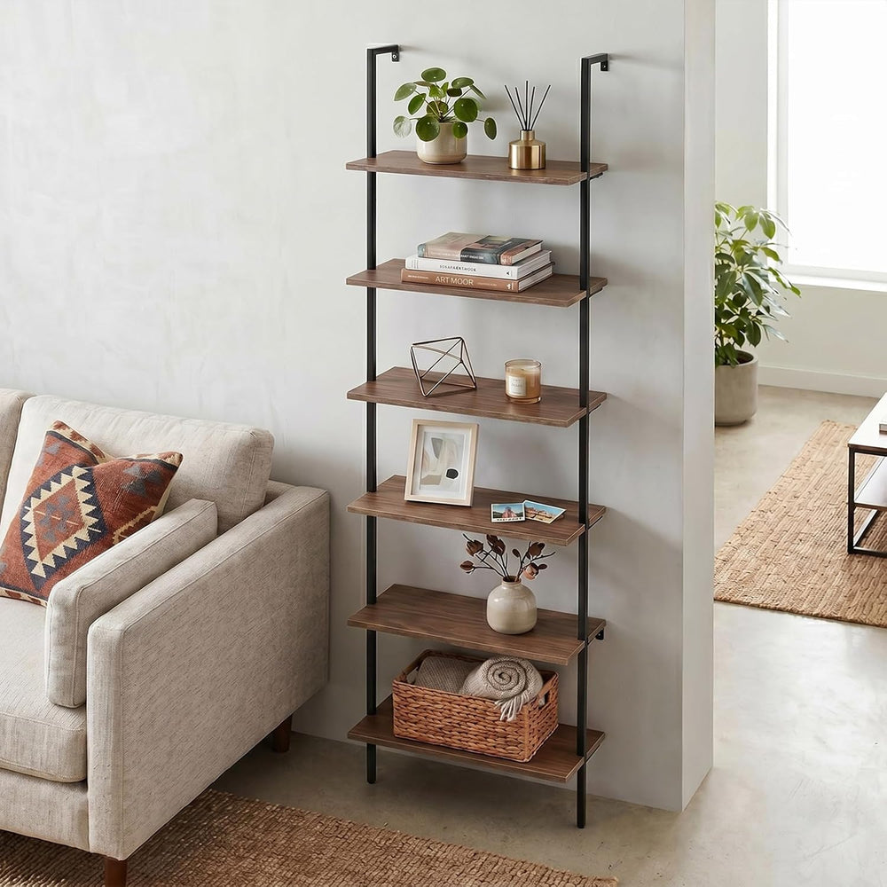 Wolawu Ladder Shelf Black 6 Tiers Modern Bookshelf Room Organizer Open Tall W...
