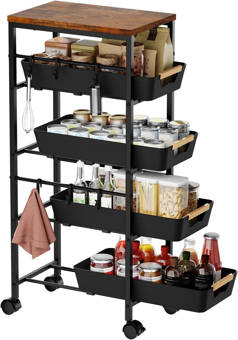 5-Tier Slim Storage Cart, Wooden Top Rolling Kitchen Cart with Pull-Out Baske...