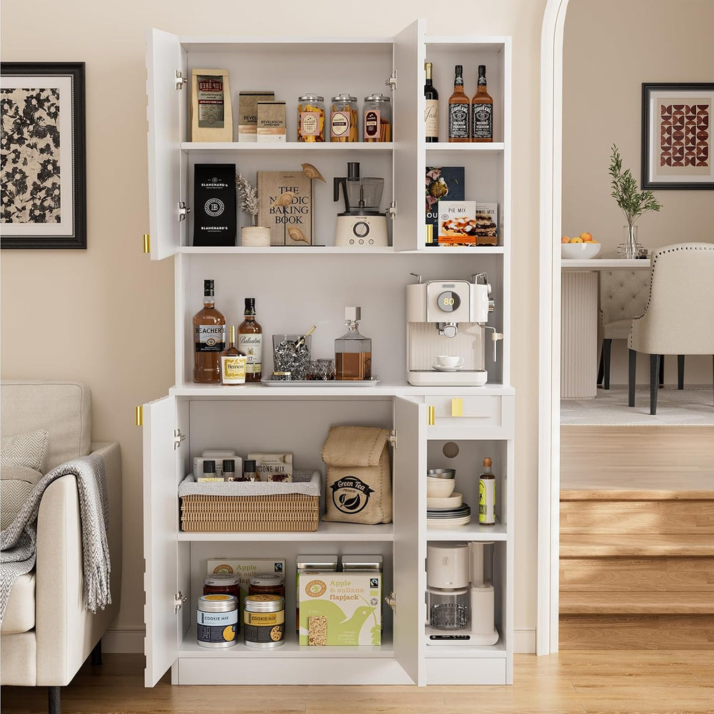 White Kitchen Pantry Cabinet, 71" Hutch Cabinet with Countertop & Po...
