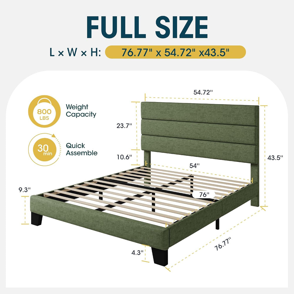 WEEWAY Full Size Fabric Bed Frame with Upholstered Headboard, Green