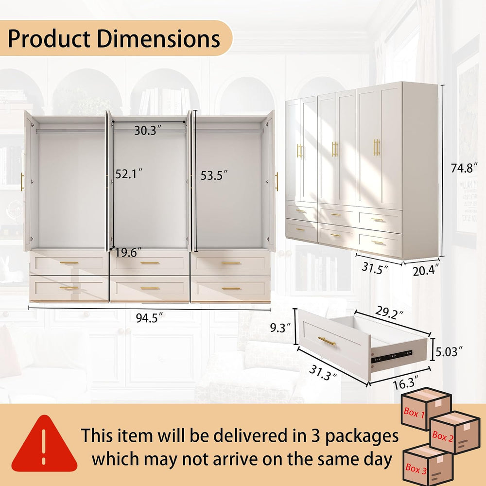 White Wardrobe with 6 Doors and 6 Drawers, 75" Tall x 95" Wide