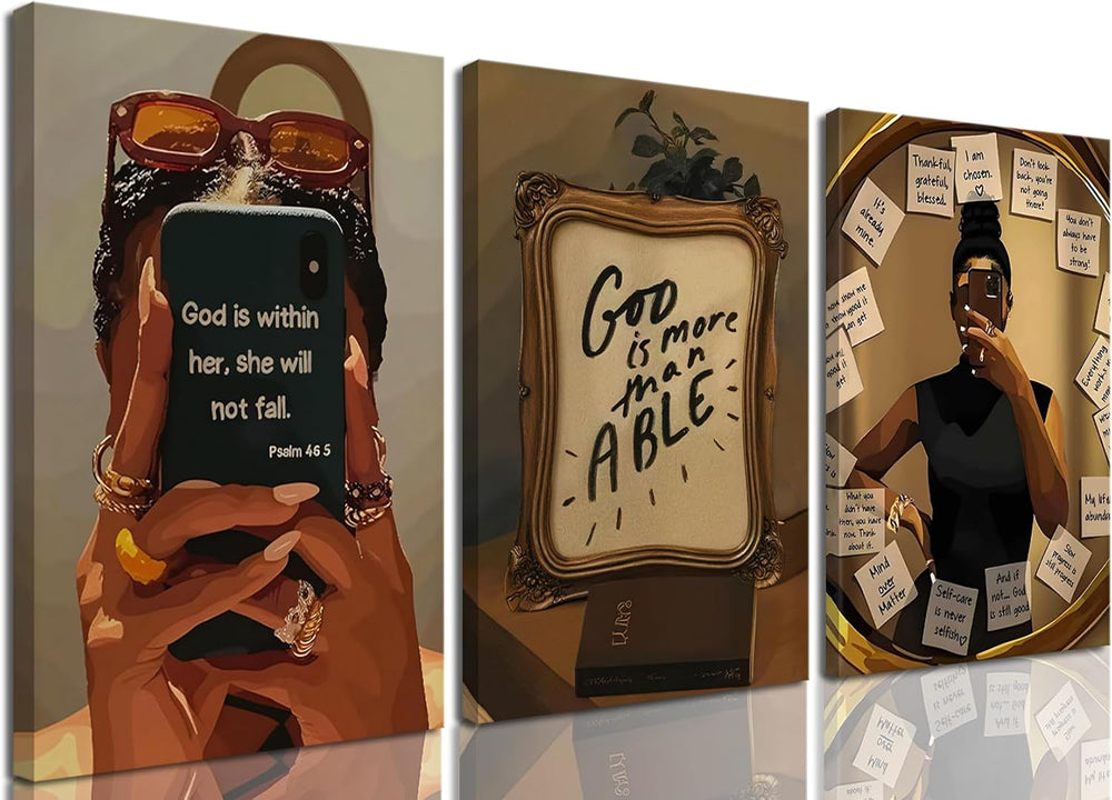 Framed Black Girl Wall Art Set of 3, Fashion Inspirational Black Woman Wall D...