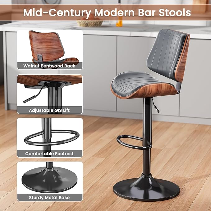 Swivel Bar Stools Set of 4, Adjustable Bentwood Barstools for Kitchen Counter...