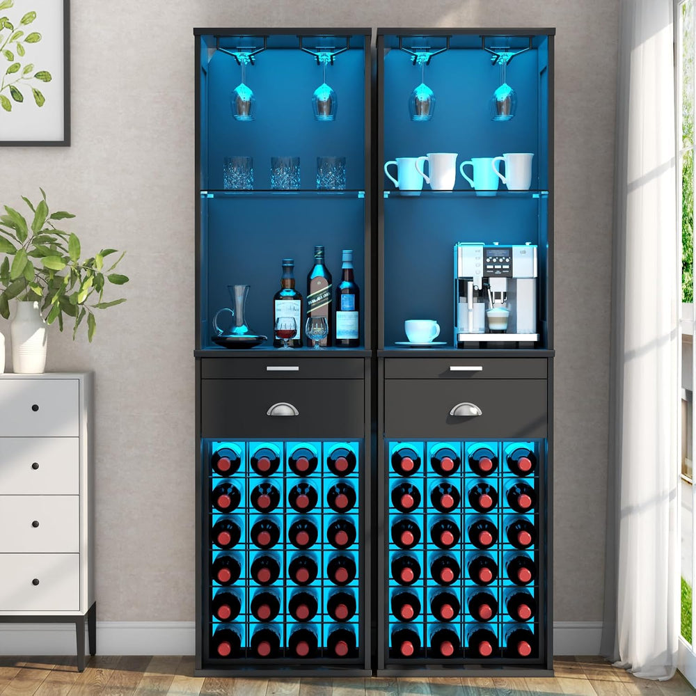 Wine Bar Cabinet w/LED Lights, 65'' Tall Coffee Bar w/24 Wine Rack