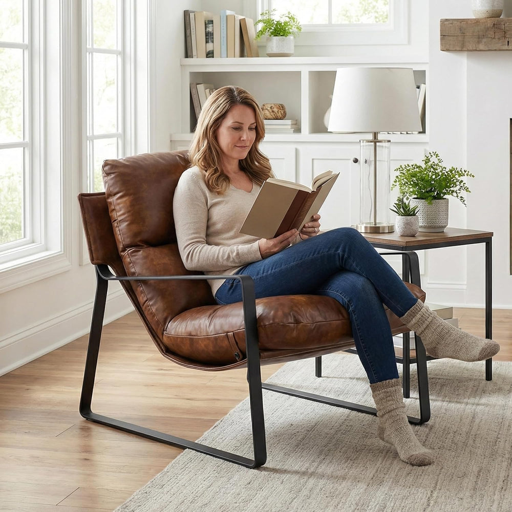 DUOMAY Modern Brown PU Leather Accent Armchair