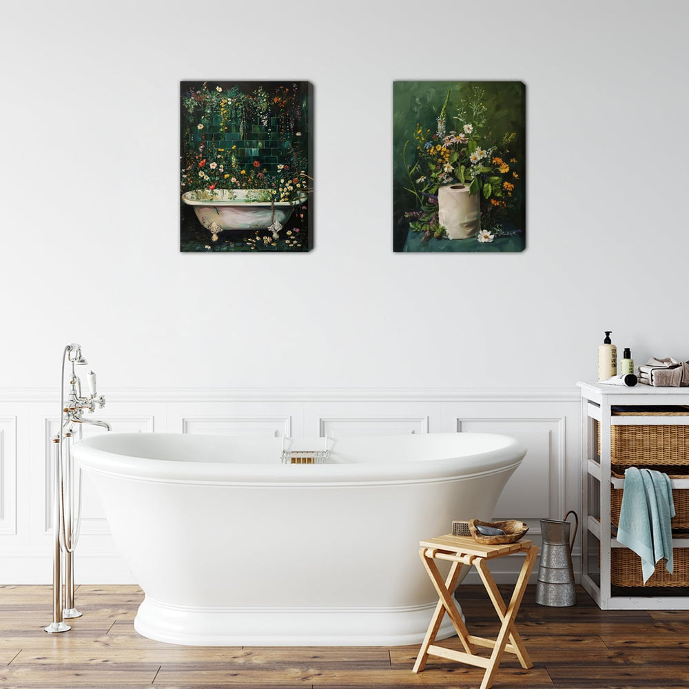 Framed Vintage Floral Bathroom Wall Art Set of 3, Dark Green Moody Flower Can...