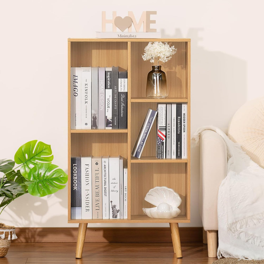 LEYAOYAO Wooden 5 Cube Bookshelf, Natural 3 Tier Book Shelf with Legs, Modern...