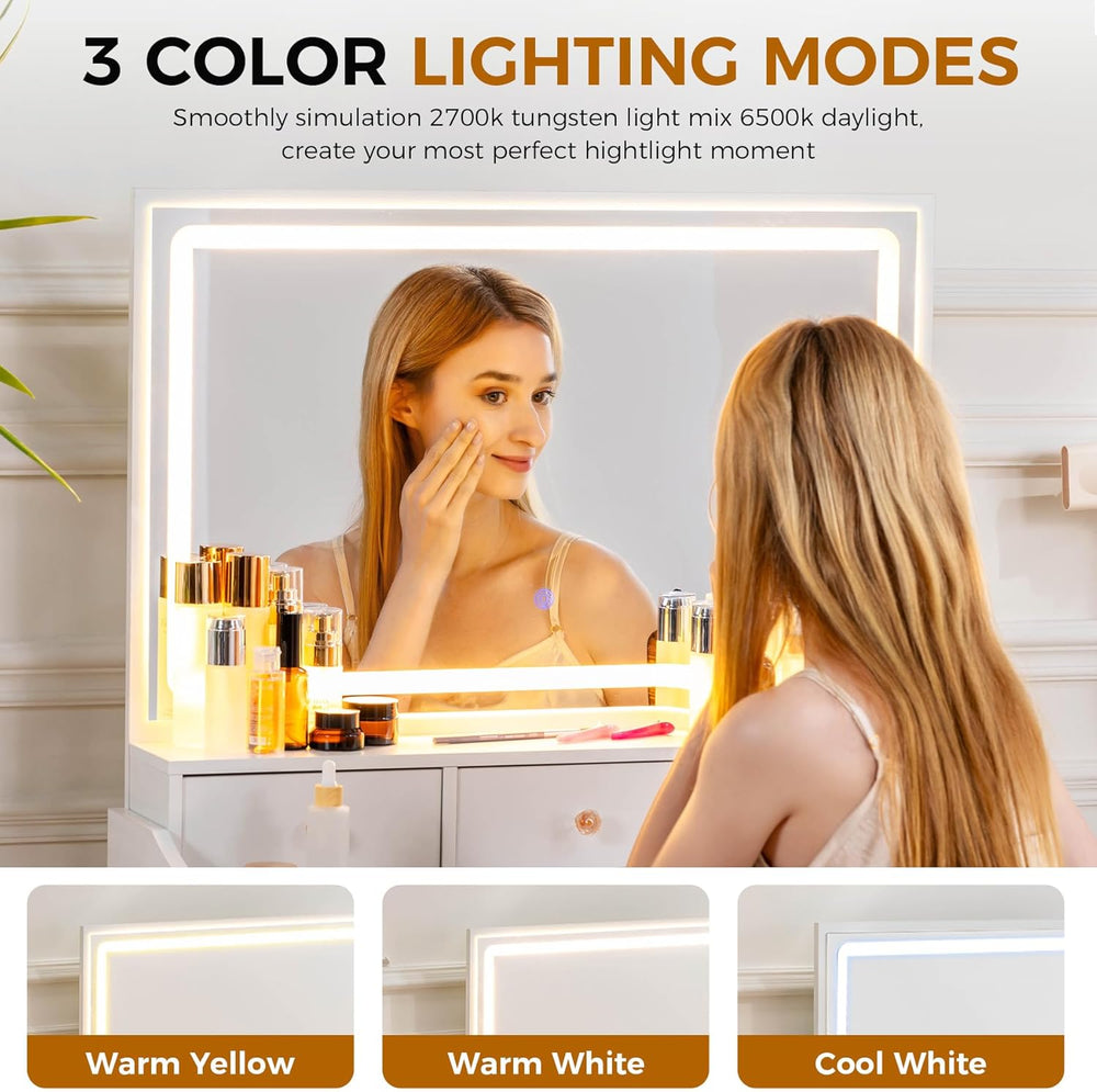 COMHOMA Makeup Vanity Desk with Mirror and Lights, Vanity Table and Chair Set...