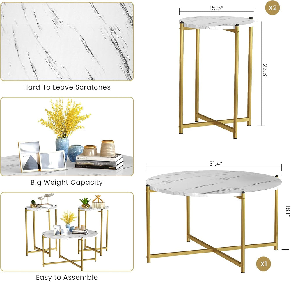 Lamerge Round Coffee Table Set of 3, Faux Marble Table Set with Living Room T...