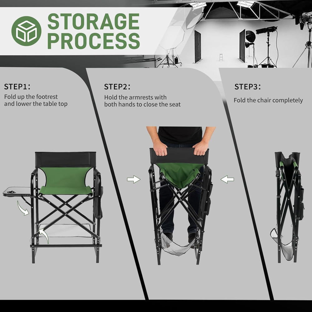 26" Tall Directors Chair Height Seat Folding with Side Table Storage Bag...