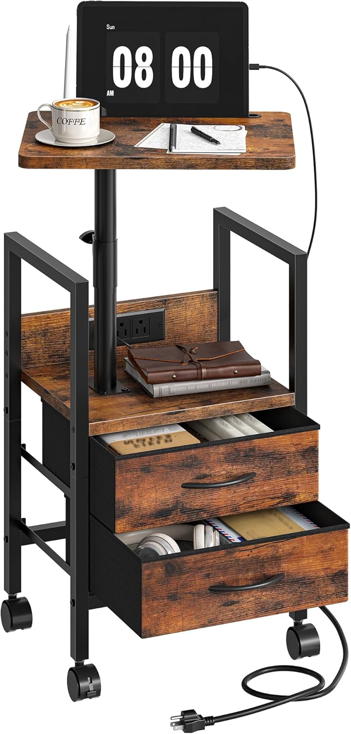 Height Adjustable Side Table with Swivel Tabletop, End Table with Charging St...