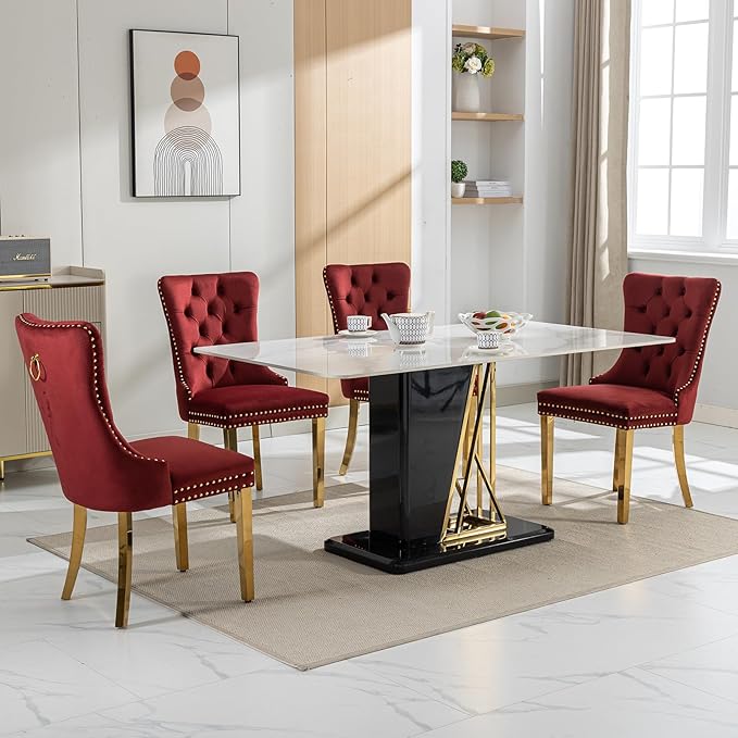 Mid Century Modern Dining Chairs Set of 6, Red Velvet Upholstered Tufted Back...