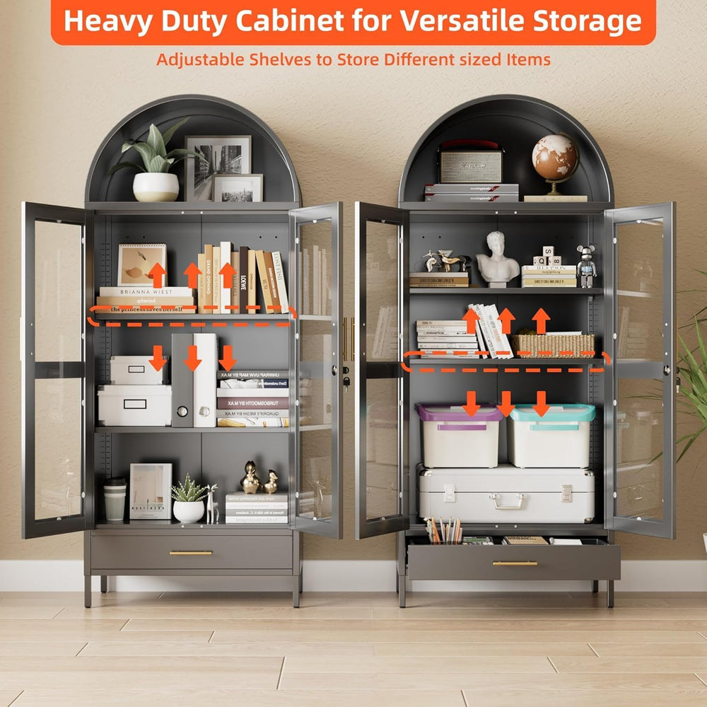 72.83" H Black Metal Arched Cabinet with 1 Drawer,Arched Cabinet with Gl...