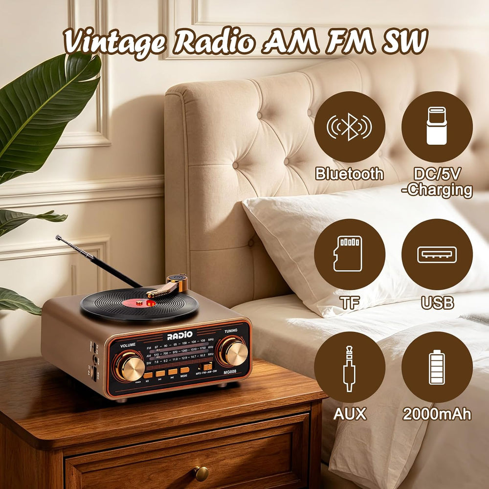 Vintage Radio AM FM SW with Bluetooth/TF Card/USB Playback for Home, Office