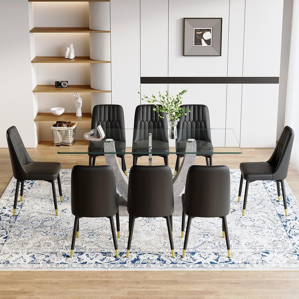71" Glass Dining Table Set for 8, 9 Piece Dining Room Table Set with Uph...