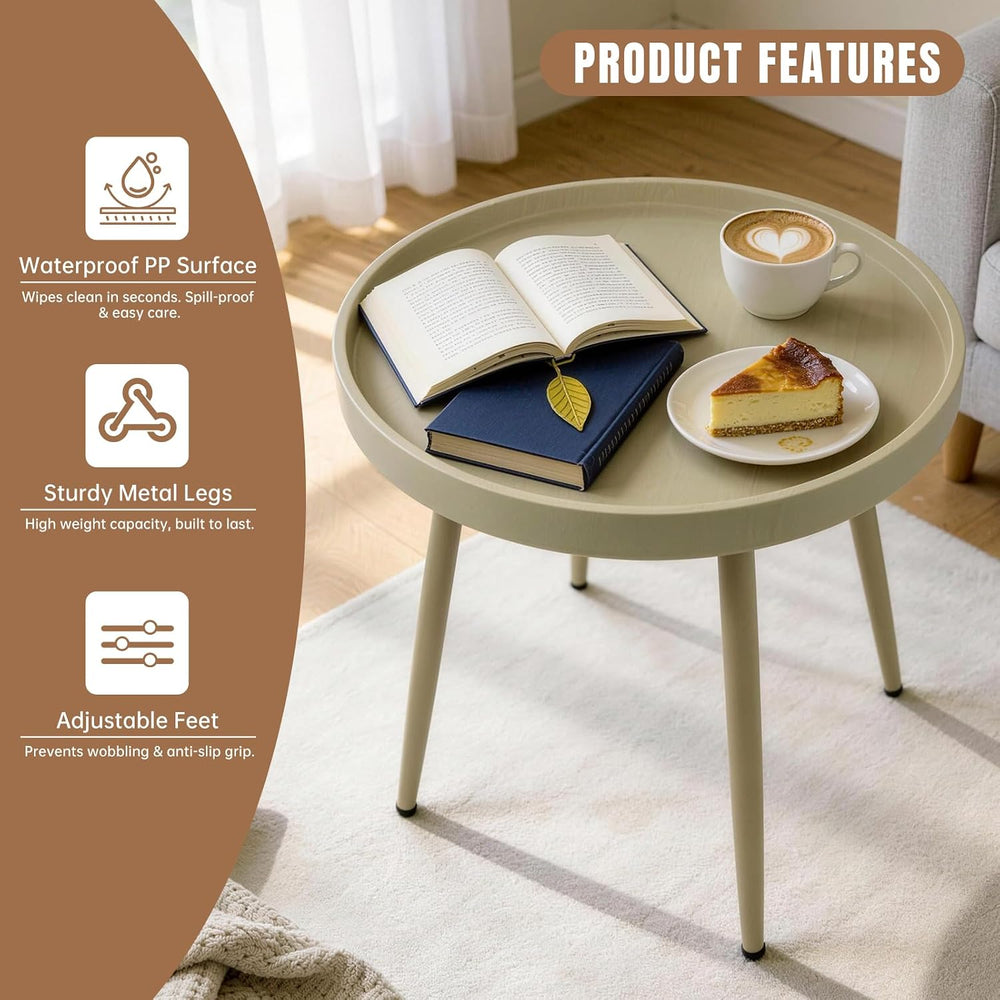 20" Round Side Table, Plastic Top, Iron Frame, Waterproof, Camel | Water...