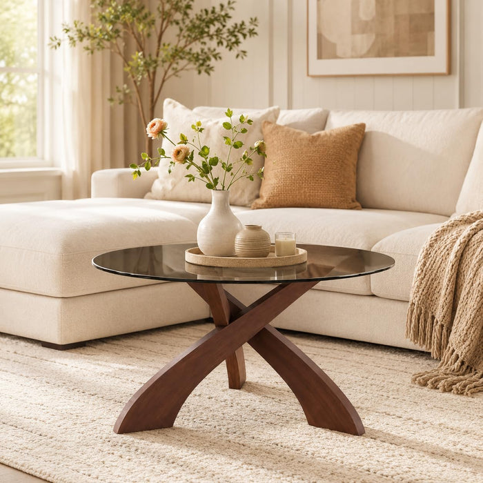 Glass Coffee Table, 30.7” Round Coffee Table with Tempered Glass Top, Walnut Wood X-Shaped Base, Stable Modern Center Table for Living Room, Apartment and Small Spaces