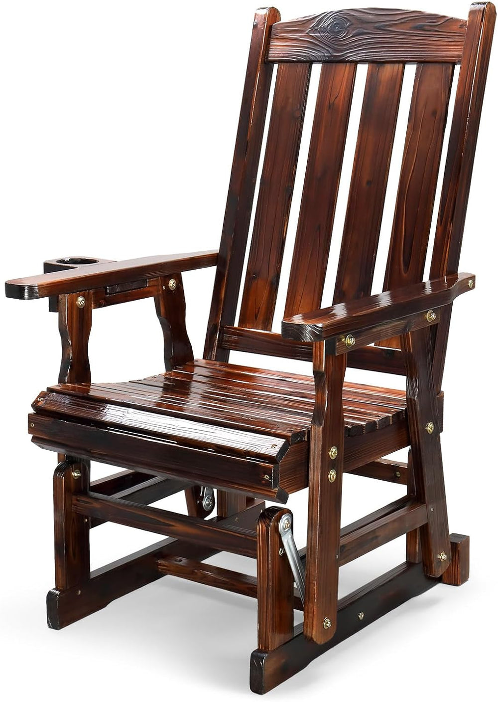 VINGLI Outdoor Glider Chair Wood Patio Glider with Cup Holder, Porch Glider w...