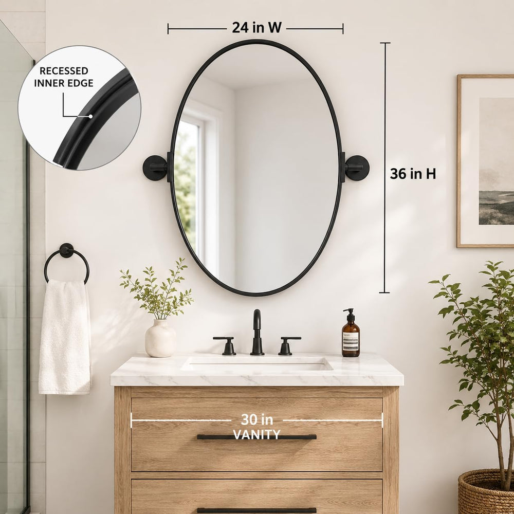 Black Pivot Mirror, 24 x 36 Inch Oval Bathroom Mirror for Wall, Tilting Metal...