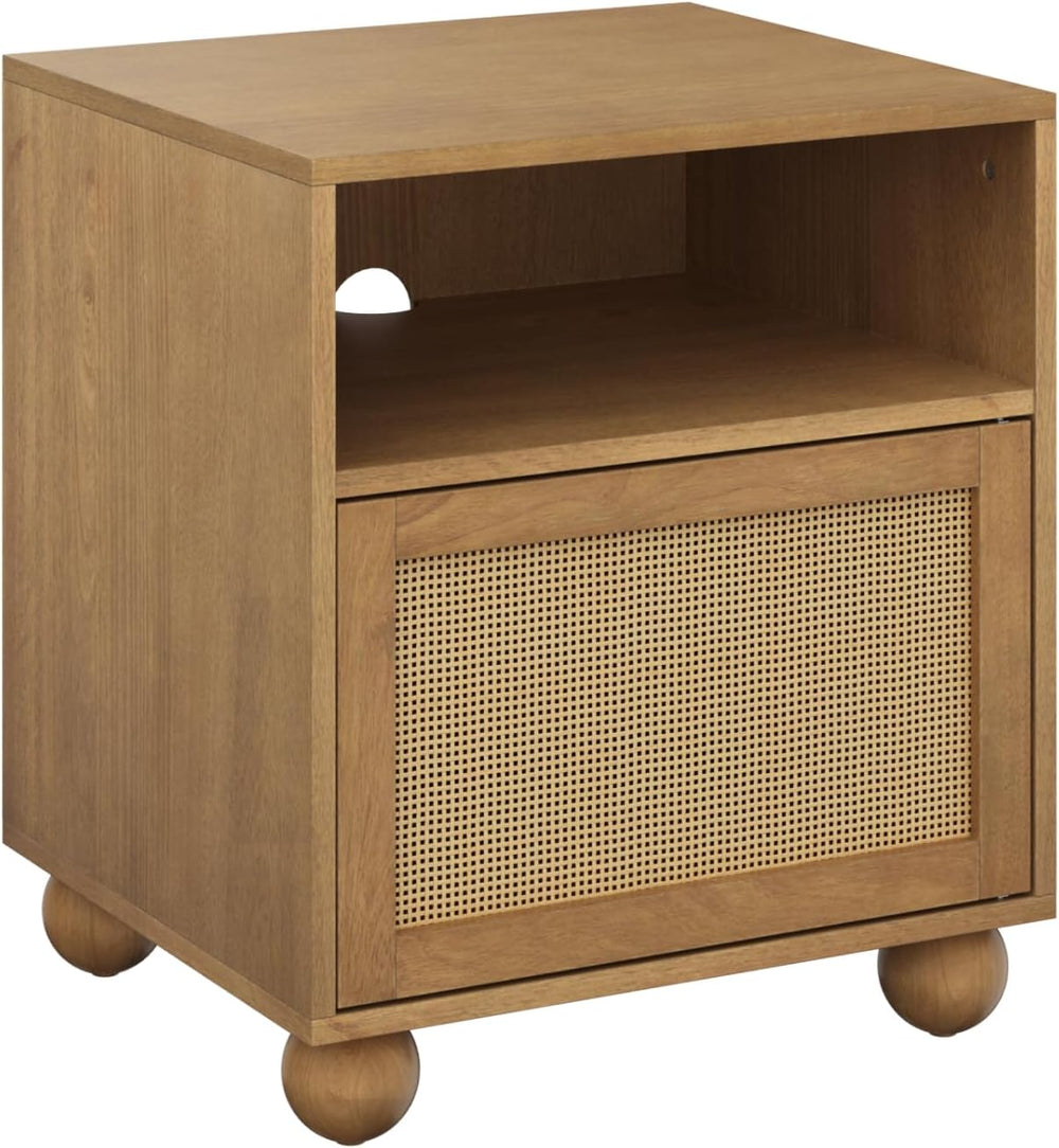 Nathan James Franco Faux Rattan Side Table Nightstand with Storage, Rustic Be...