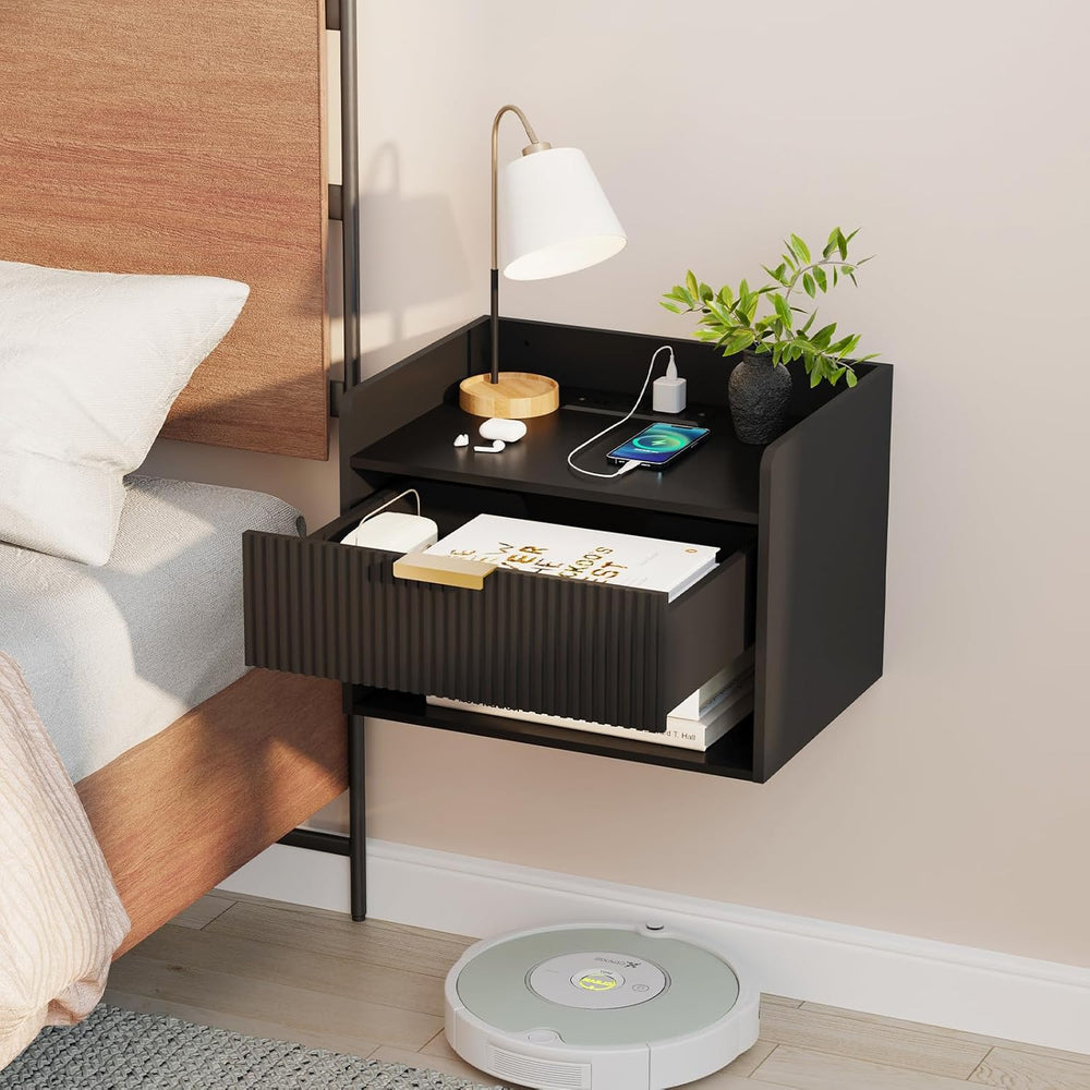 Arbuxzuy Floating Nightstand Set of 2 with Charging Station and Drawer | Mode...
