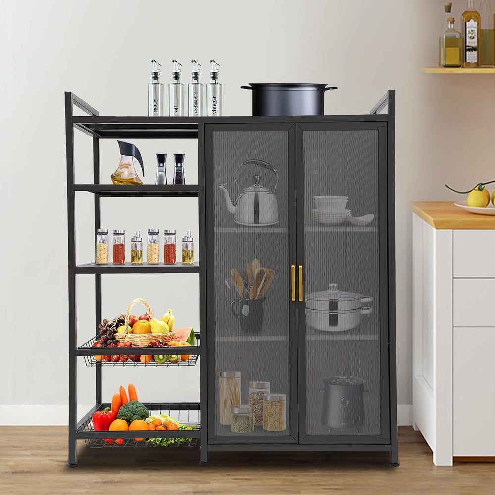 Kitchen Pantry Cabinet with Clear Doors, Metal Sideboard with Open Storage Sh...