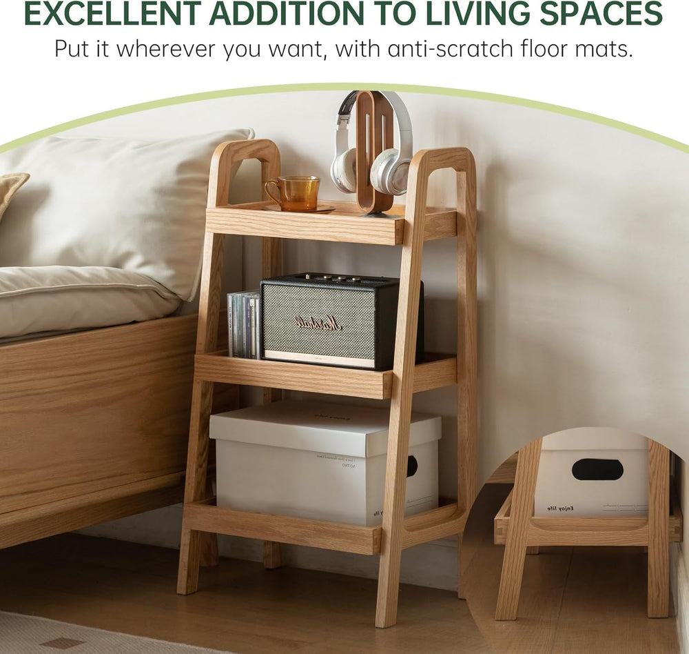 Oak Ladder Bookshelf, 3 Tier Display Shelf for Living Room, Natural Wood