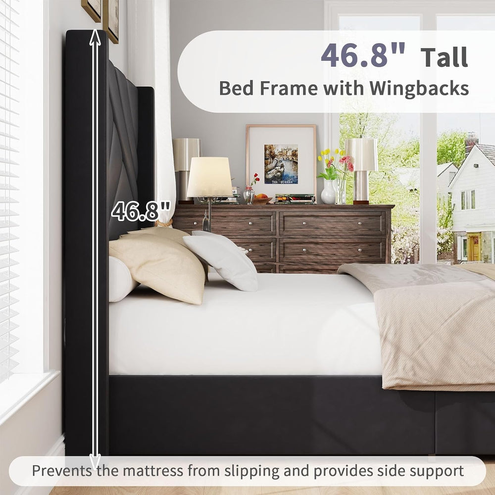 BarnFurin Queen Bed Frame with Geometric Wingback Headboard, Black