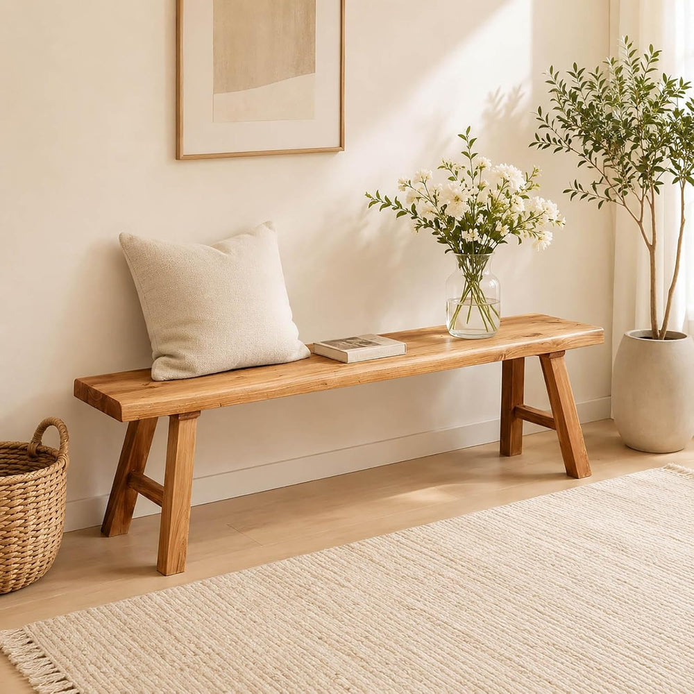 Farmhouse Solid Wooden Narrow Bench Natural Rustic Kitchen Dining Table Skinn...