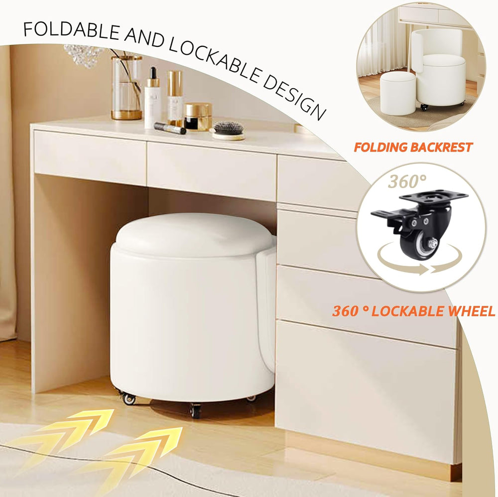 Round Vanity Chair with Storage, Rolling PU Leather Swivel Work Makeup Stool ...