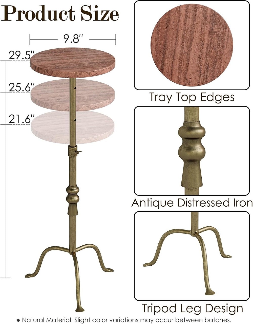 Adjustable Height Round Pedestal Table - 10x10x22-30 Inch, Red Travertine | T...