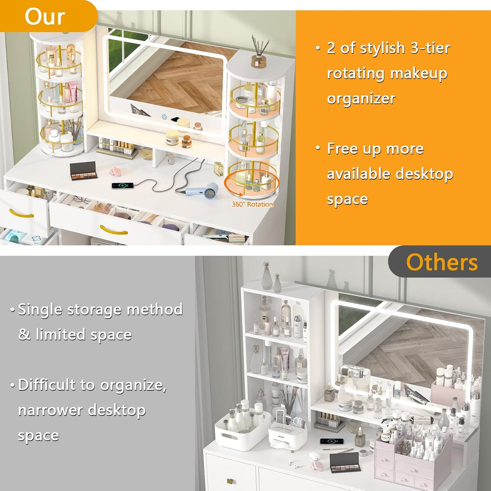 Vanity Desk with Mirror and Lights, 360° Rotating Shelves, 7 Drawers | White ...