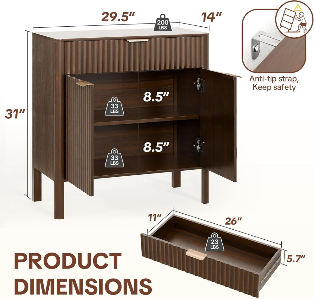 Fluted Buffet Cabinet with Storage - Modern Sideboard Accent Credenza with Do...