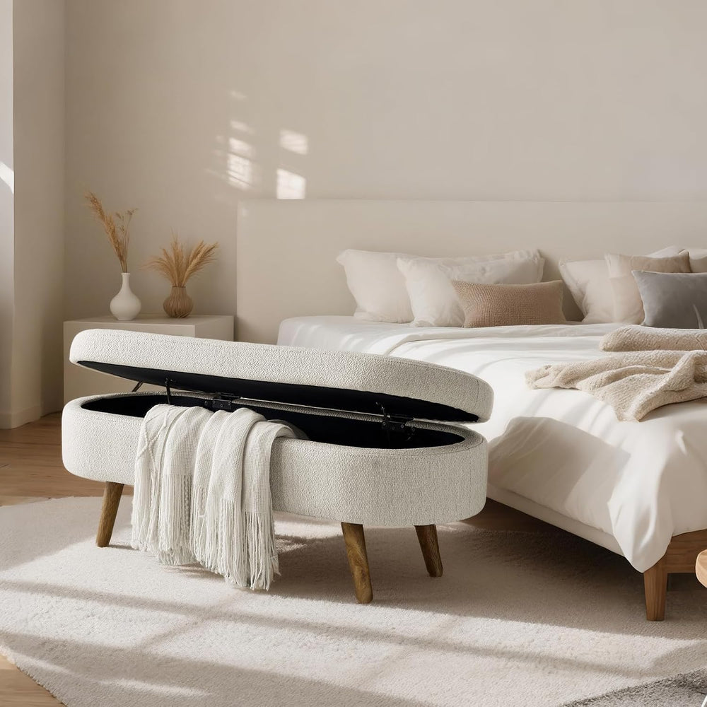 SoarFlash Ottoman Oval Storage Bench Linen Fabric Rubber Wood Legs(Beige)