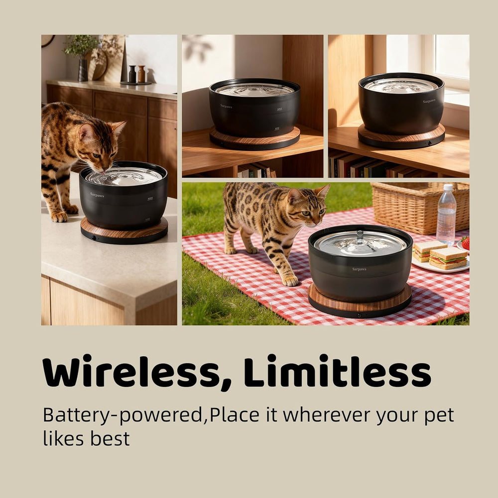 Sarpaws Cat Water Fountain, Wireless Battery Operated 101oz/3L Pet Fountain w...