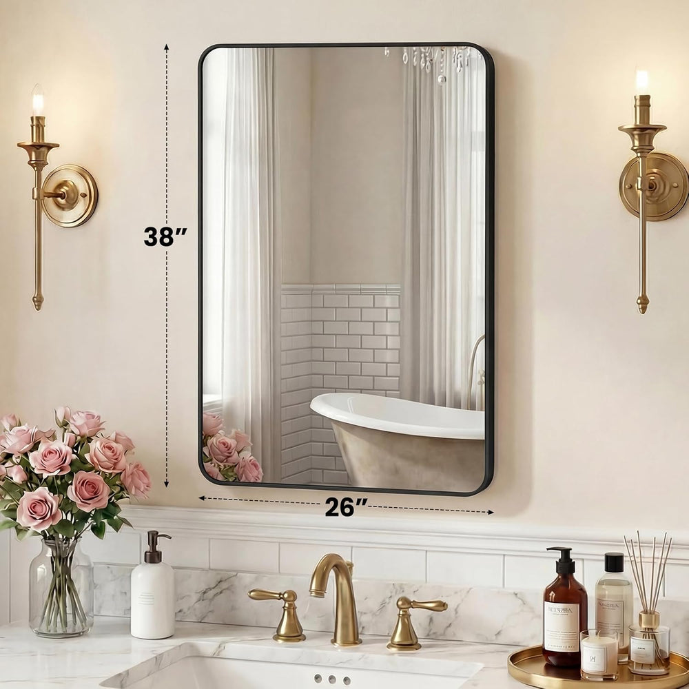 OLIXIS 38x26 Inch Bathroom Wall Mount Mirror with Rounded Rectangle, Black