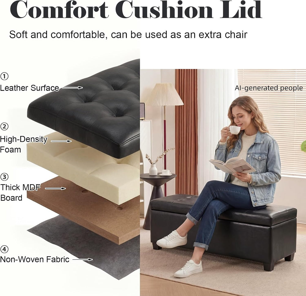 Asense Storage Ottoman Bench,42 inch Wide Upholstered Faux Leather Rectangula...