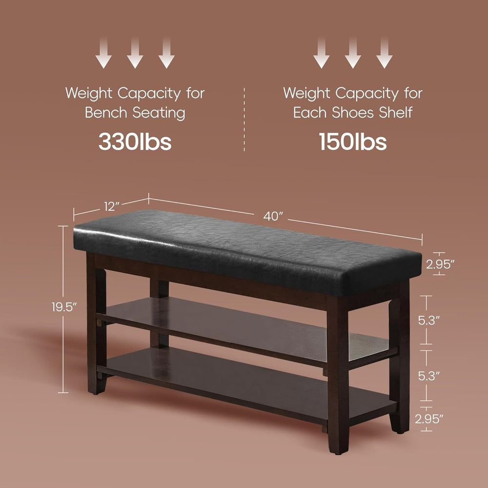 40" Shoe Bench with Leather Cushion, 2-Tier Shoe Rack Entryway Bench, Wo...