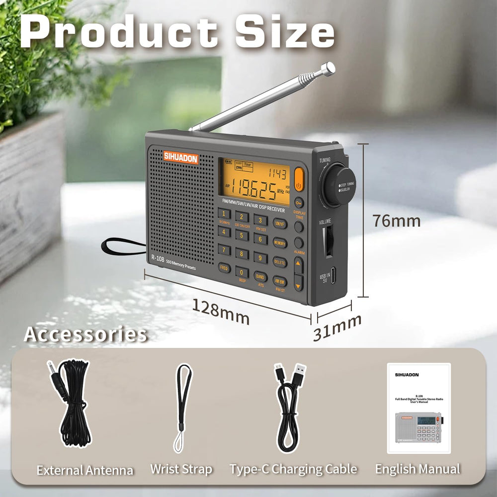 SIHUADON R-108 Portable Radio AM FM SW LW Airband, Small Retro Emergency Radi...
