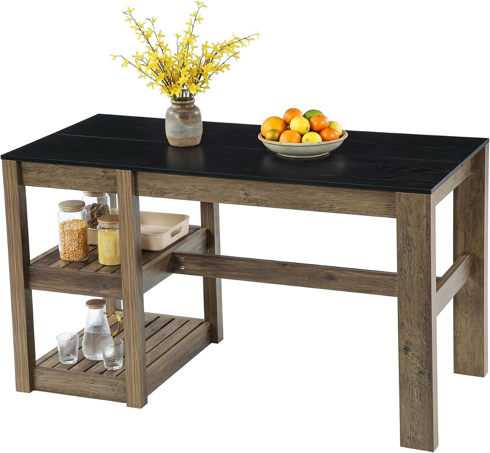 Tribesigns 55" Kitchen Island with Storage Shelves, Rustic Brown and Bla...