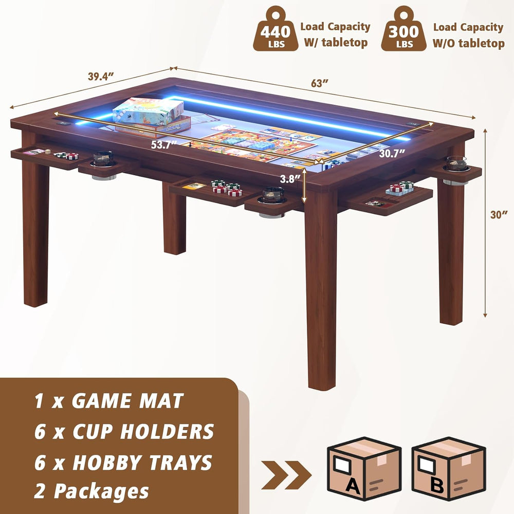 Solid Wood Board Game Table with Colorful Led Lights, Dining/Gaming Table