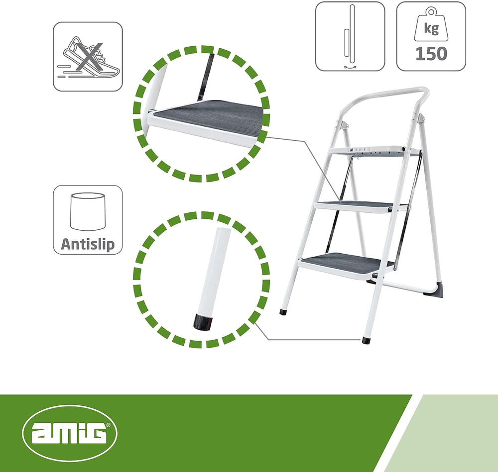 Amig - Folding Steel Stool - 3 Non-Slip Treads - Max Load 150 kg - Profession...