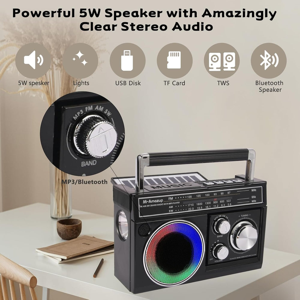 Radios Portable AM FM, Retro Portable Radio with Bluetooth Speaker and Flashl...