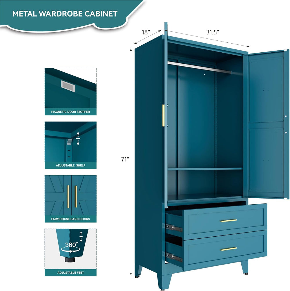 Metal Wardrobe Closet with Doors, 71" Tall Armoire Wardrobe with 2 Drawe...
