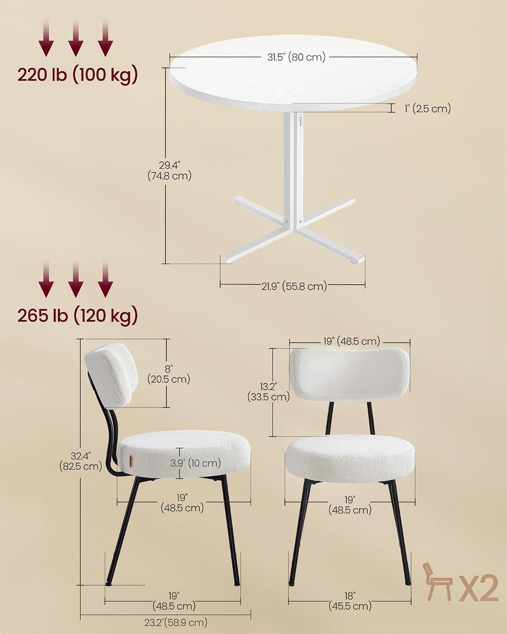 VASAGLE Dining Table Set, Round Dining Table with 2 Upholstered Kitchen Chair...