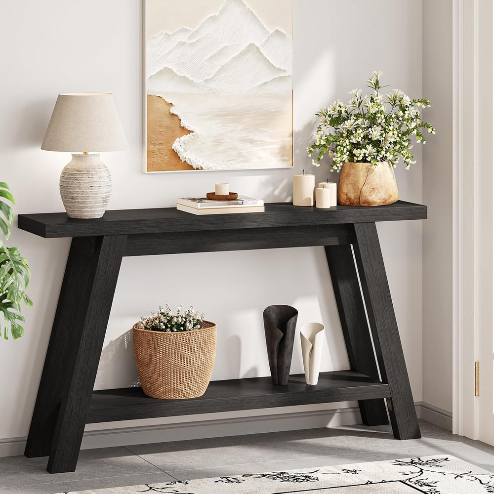 Black Console Table, 55Inch Entryway Console Tables 2-Tier Narrow Wood Consol...