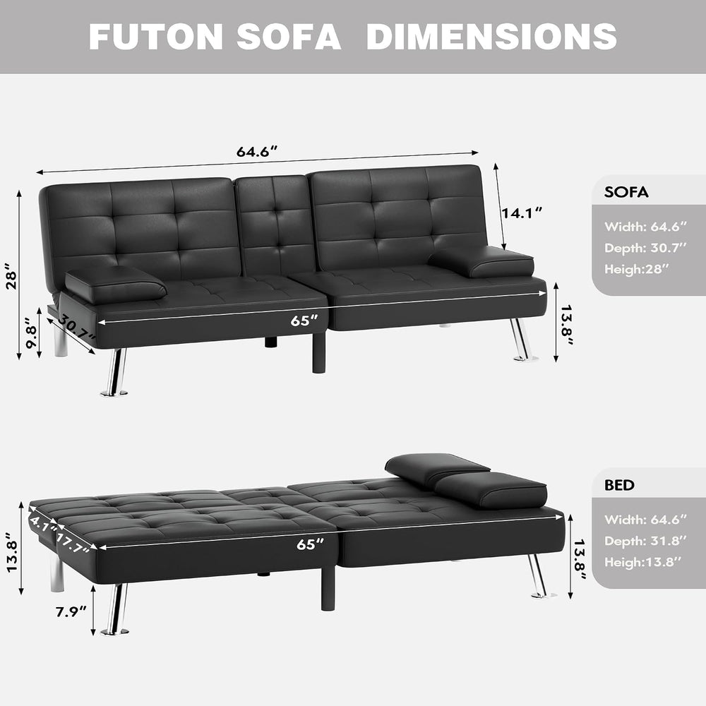 JUMMICO Faux Leather Futon Sofa Bed Futon Couch with Removable Armrests Adjus...