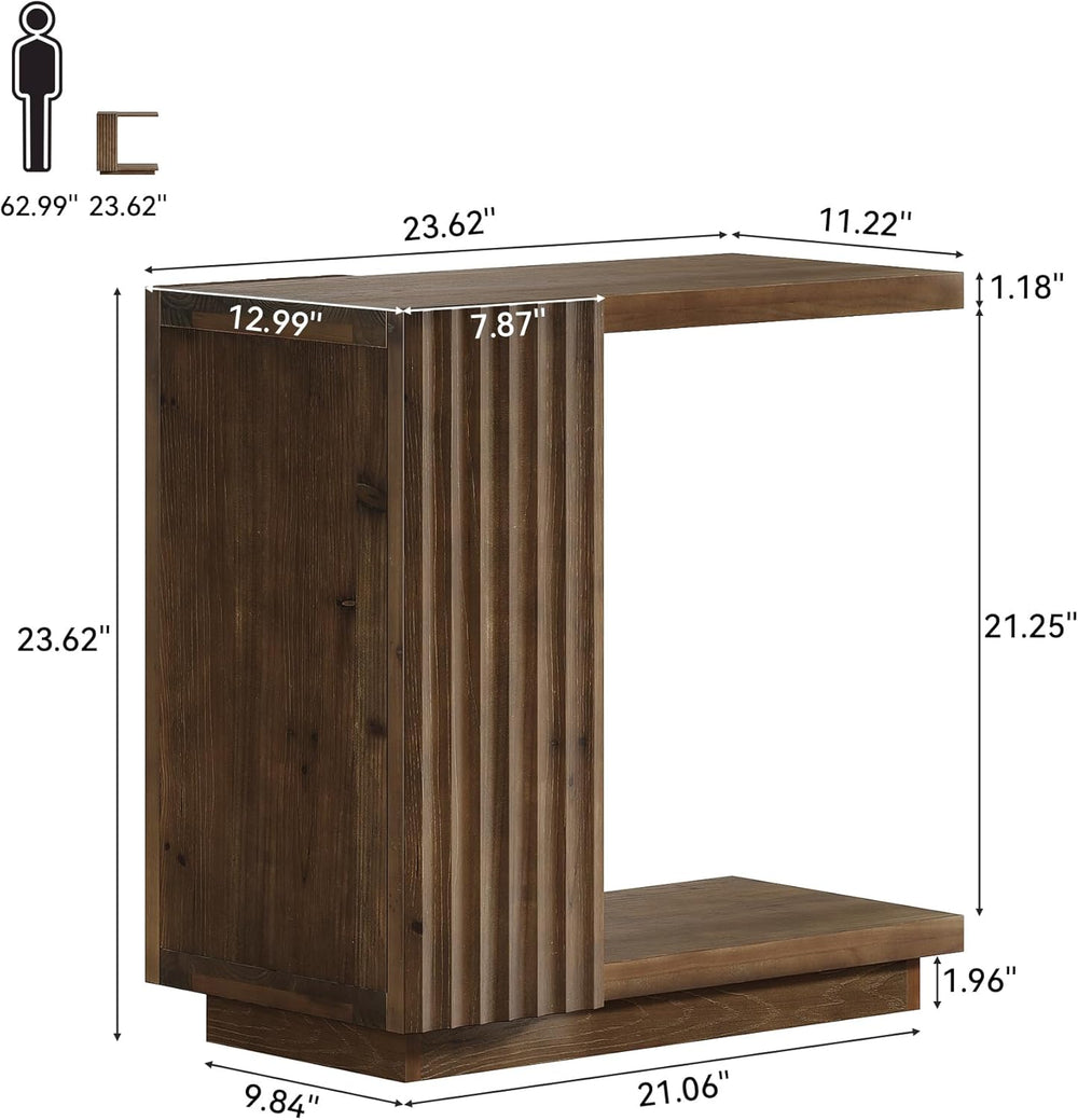 Solid Wood Side Table, C Shaped Narrow Sofa End Table with Fluted Panels and ...